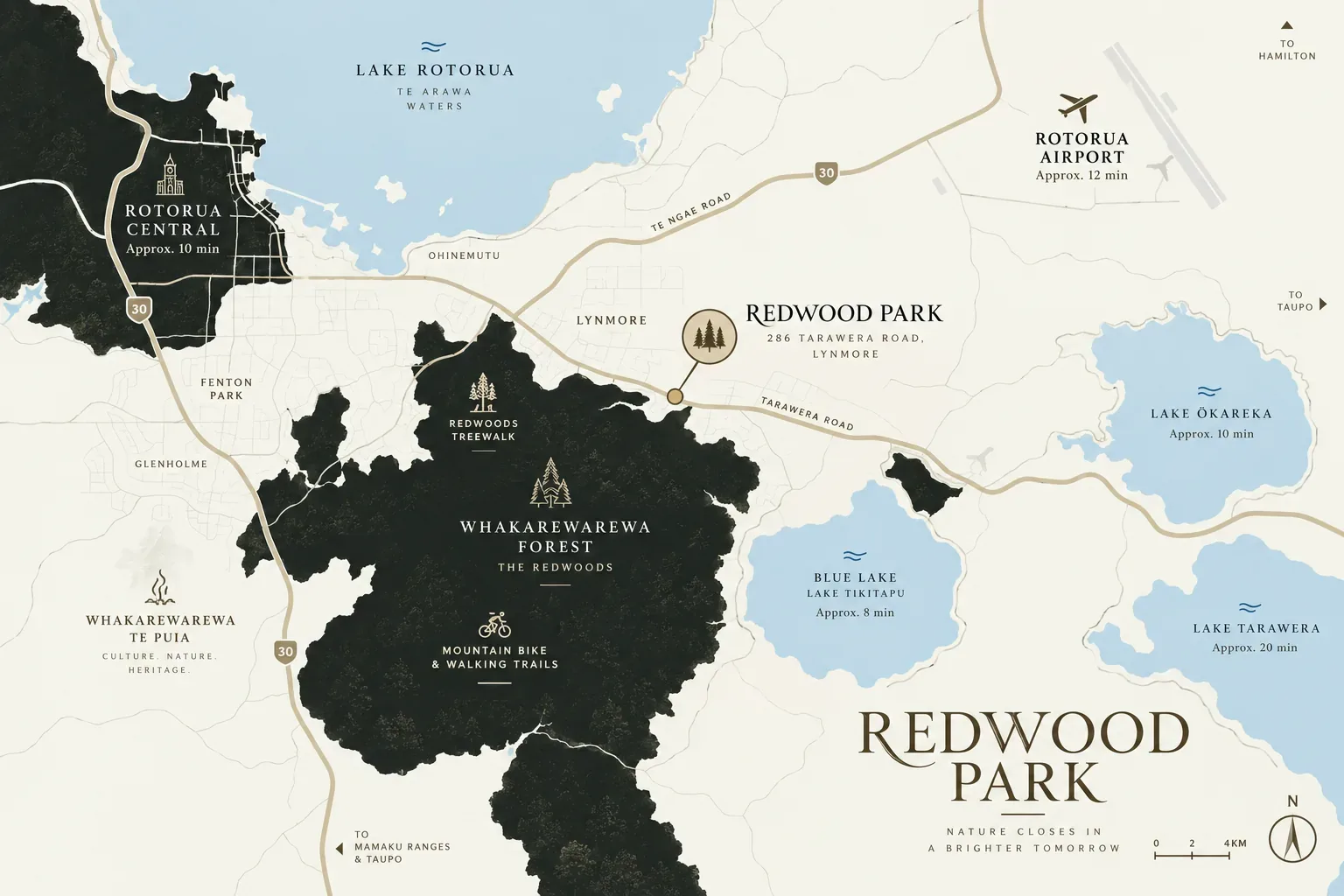 Illustrated map of Rotorua showing Redwood Park in Lynmore beside the Whakarewarewa Forest, with Lake Rotorua, the Blue and Green Lakes, Lakes Ōkāreka and Tarawera, central Rotorua and Rotorua Airport, and approximate driving times