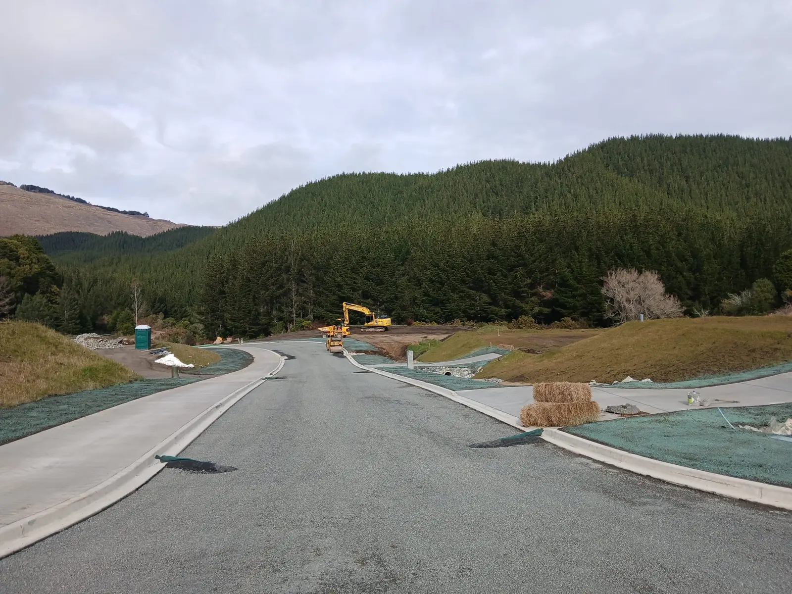 Freshly sealed access road curving toward the redwood tree line, with an excavator forming a lot platform in the distance
